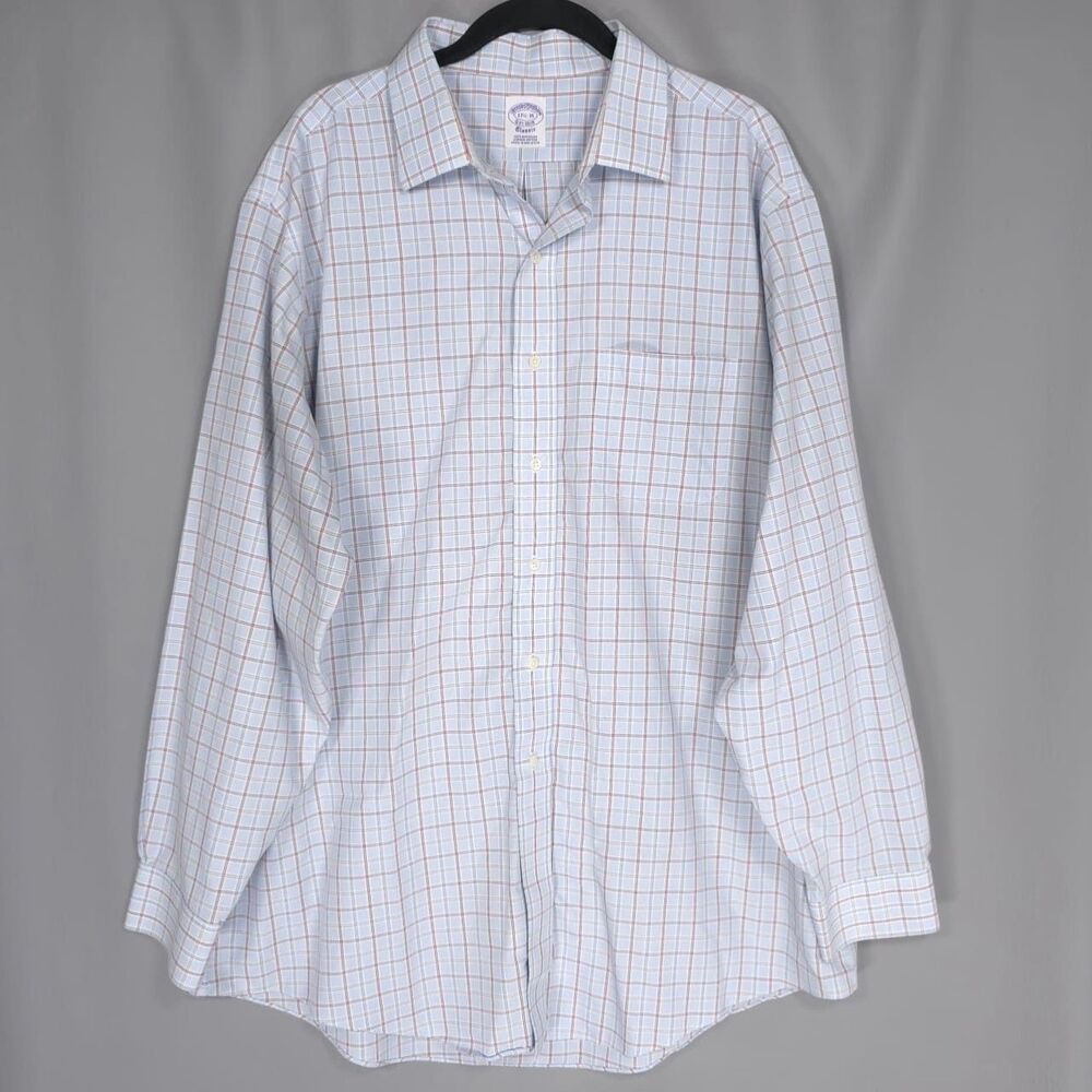 BROOKS BROTHERS Classic Plaid Shirt Blue‎ Cotton Long Sleeve Mens 17.5